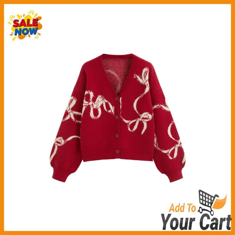 Trendy Bow Cardigan Long Sleeve Open Front Button Down Sweater Fall Fashion